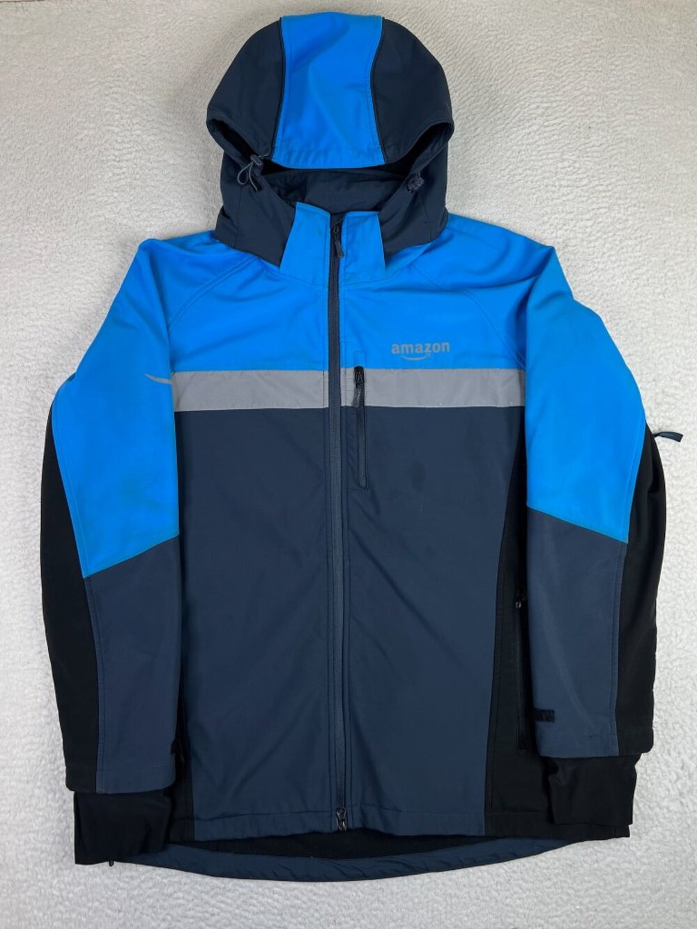 Amazon Jacket Mens XL Blue Hooded Softshell Full Zip Fleece Lined Reflective